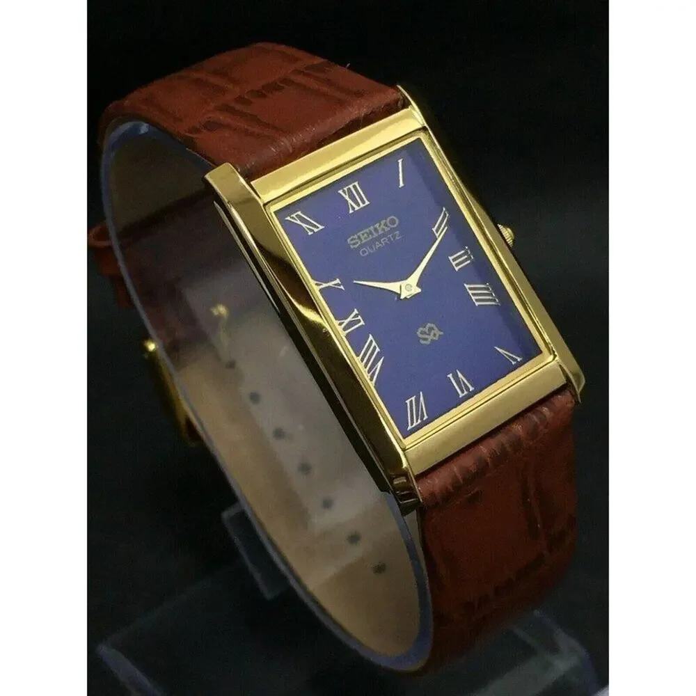 Vintage Style Seiko Quartz Mens Gold Watch & Blue accents W/ Leather Strap